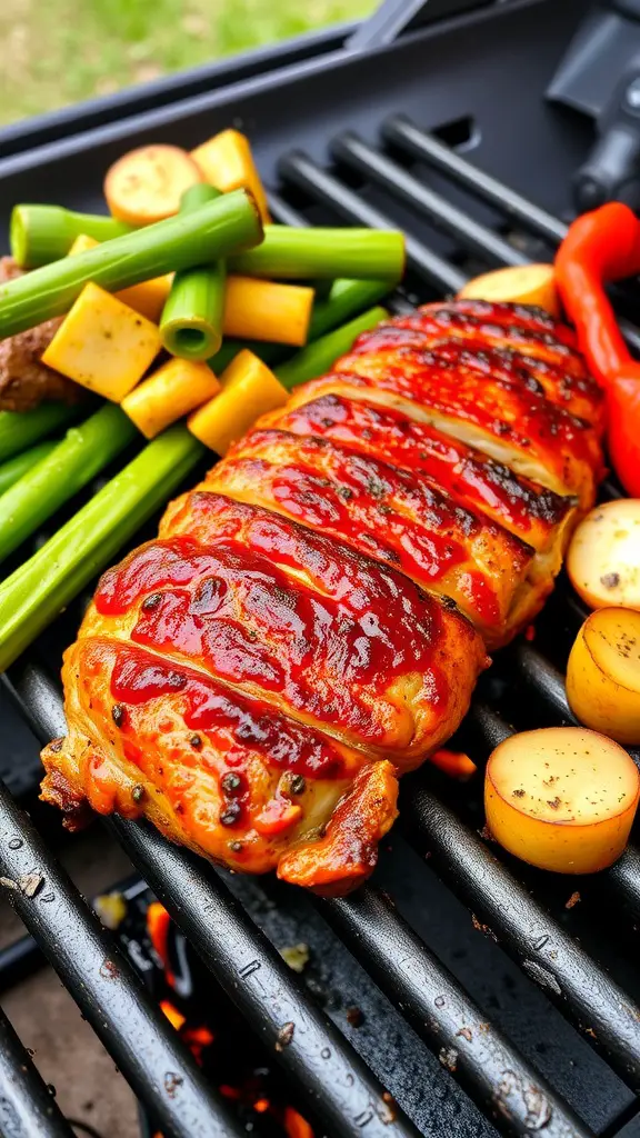 Cajun-spiced pork tenderloin on a grill with vegetables