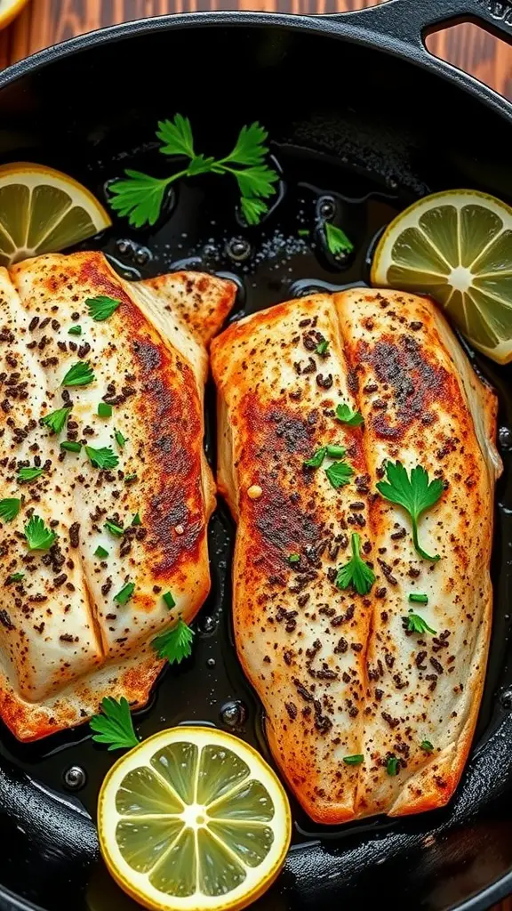 Cajun blackened trout fillets served with lemon slices and fresh parsley.