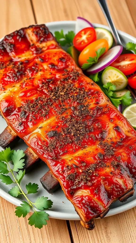Cajun rubbed pork ribs served with a fresh salad.