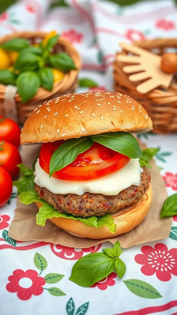A delicious Caprese burger with a sesame seed bun, fresh basil, tomato slices, and mozzarella cheese.