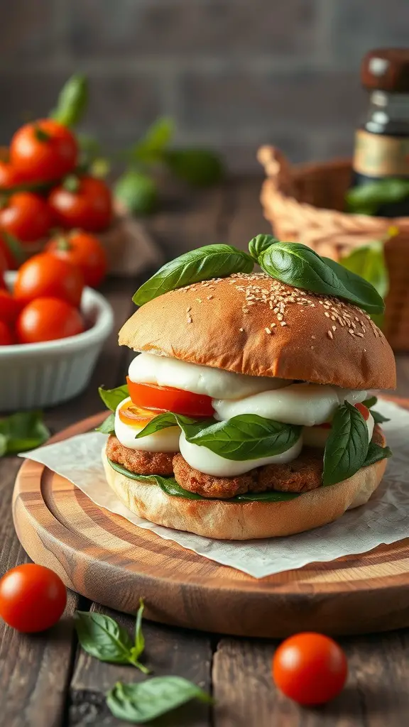 A delicious Caprese burger with fresh ingredients, topped with basil.