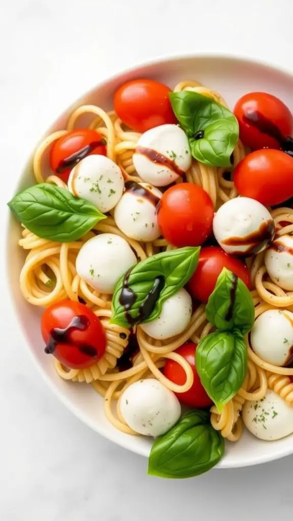 A bowl of Caprese pasta salad with cherry tomatoes, mozzarella, and basil drizzled with balsamic glaze.