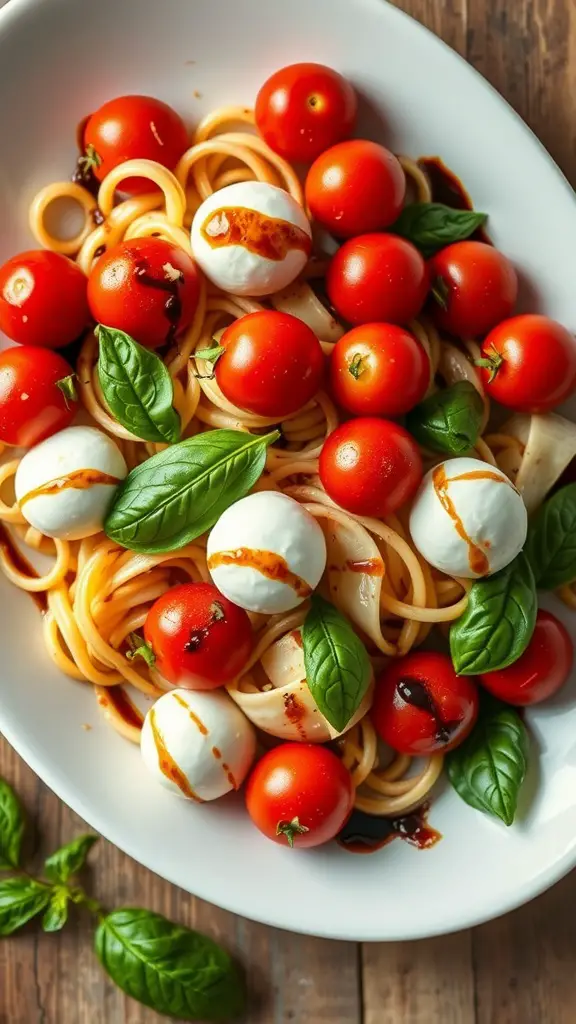 A vibrant Caprese pasta salad featuring cherry tomatoes, fresh mozzarella, and basil.