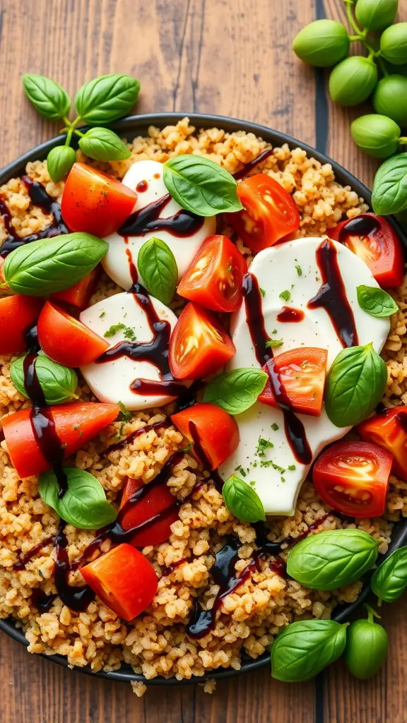 A colorful Caprese Quinoa Casserole topped with tomatoes, mozzarella, and basil