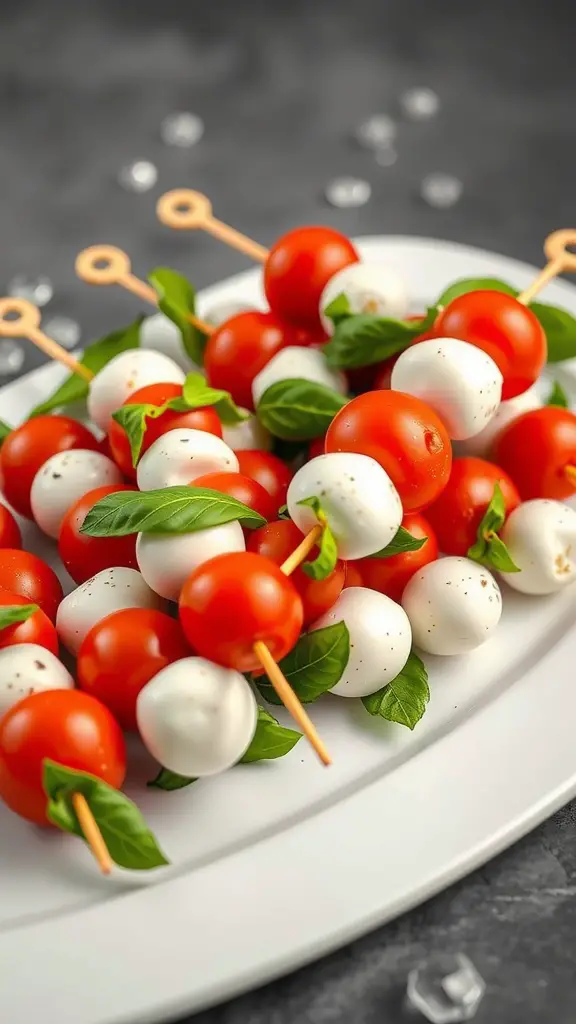Colorful Caprese salad skewers with cherry tomatoes, mozzarella balls, and basil leaves on a platter.