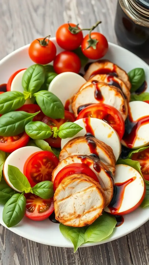 Caprese salad with grilled chicken, fresh mozzarella, cherry tomatoes, and basil.
