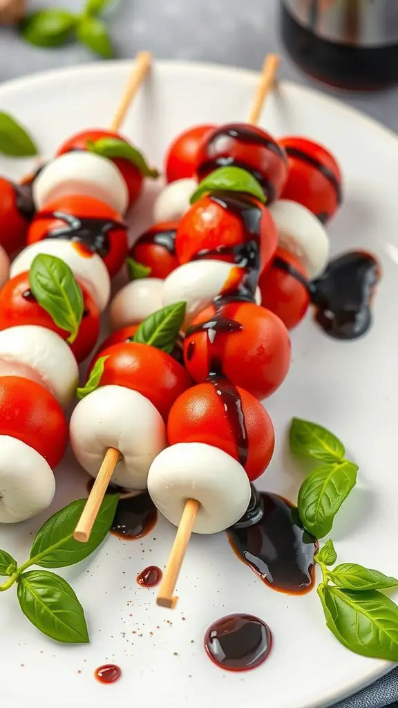 Caprese skewers with cherry tomatoes, mozzarella, and basil drizzled with balsamic glaze