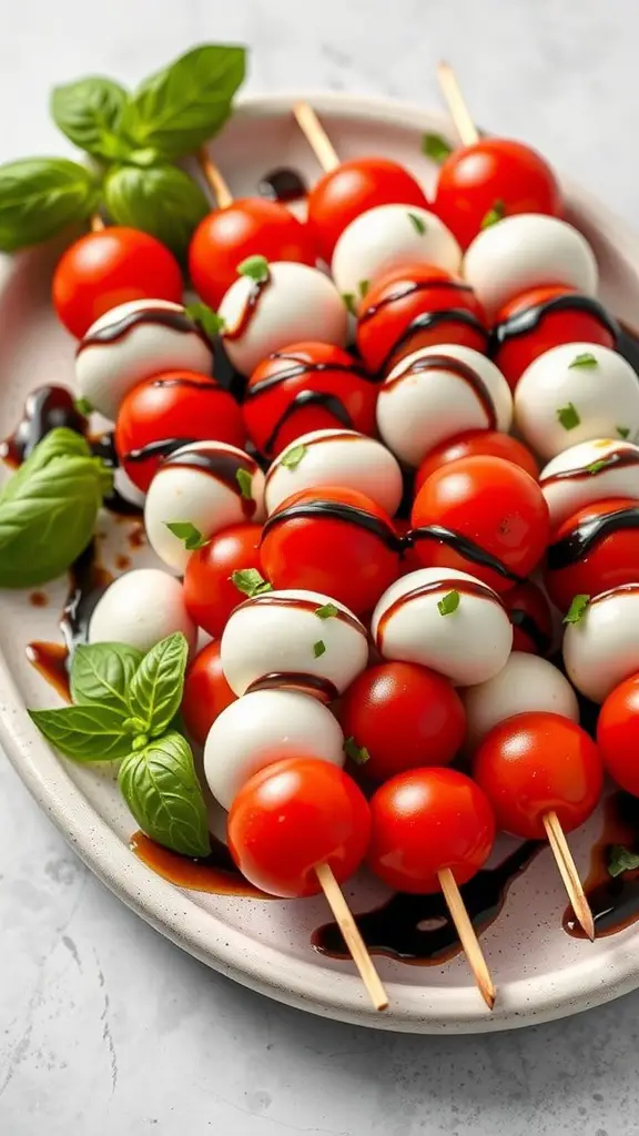 Caprese skewers made with cherry tomatoes, mozzarella balls, and basil drizzled with balsamic glaze.