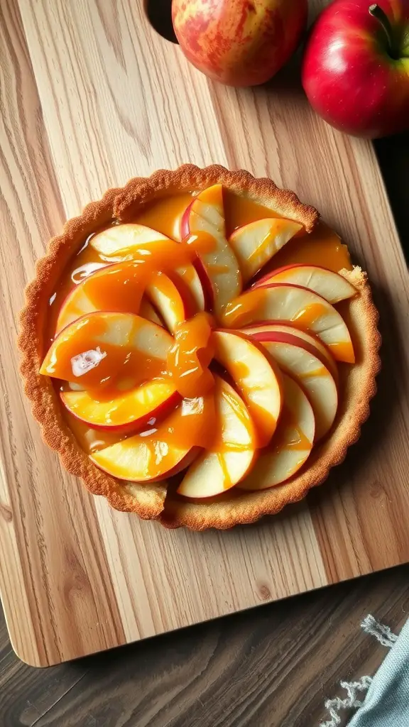 A caramel apple tart with a flaky crust and sliced apples on top