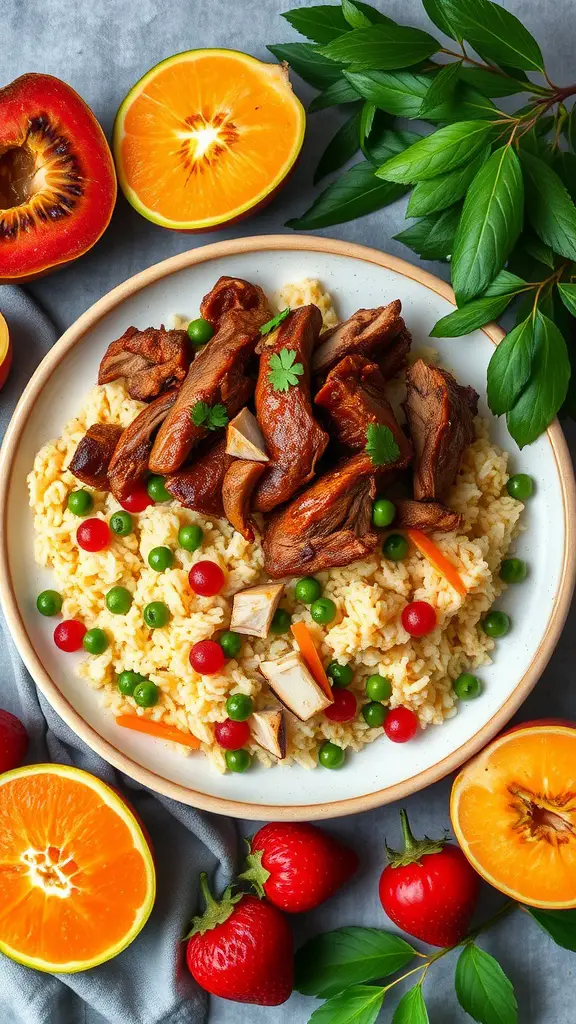A plate of Caribbean Jerk Pulled Pork served with rice and colorful veggies.