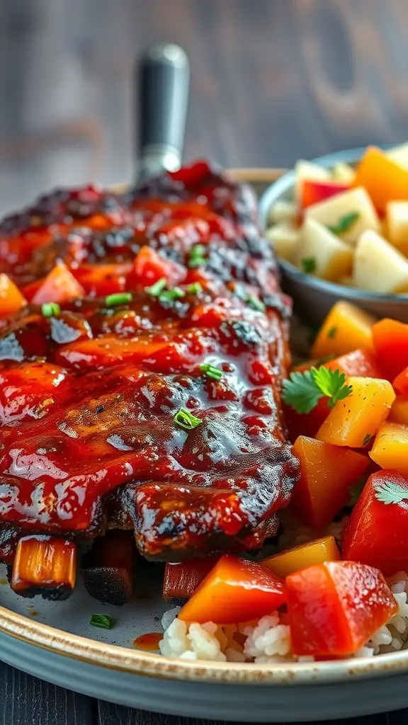 Delicious Caribbean Jerk Ribs with vibrant fruit salsa.