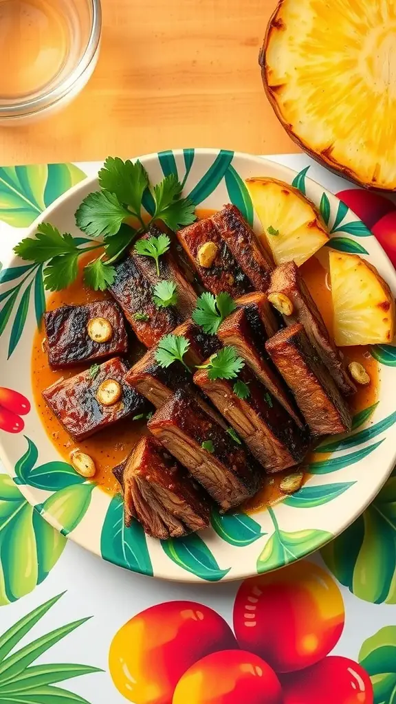 A delicious plate of Caribbean Jerk Spiced Skirt Steak garnished with cilantro and served with pineapple.