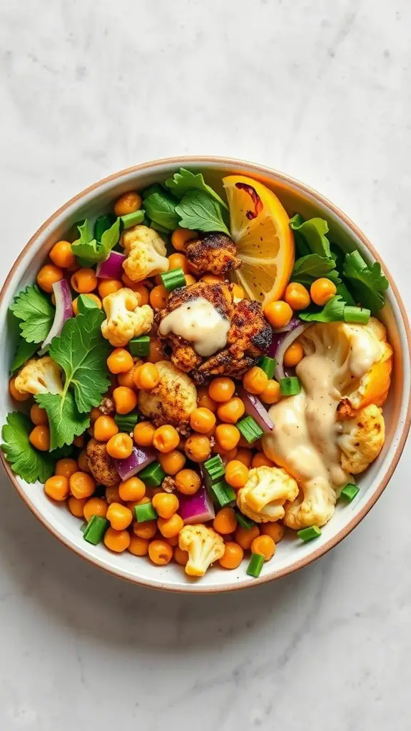 A vibrant bowl of cauliflower and chickpea salad with fresh herbs and lemon.
