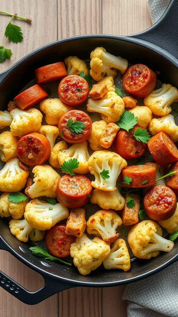 A skillet filled with sautéed cauliflower and sausage.