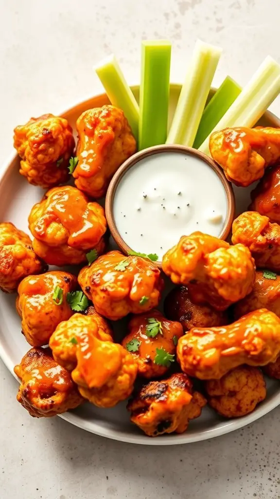 A plate of crispy cauliflower buffalo wings served with celery sticks and blue cheese dip.