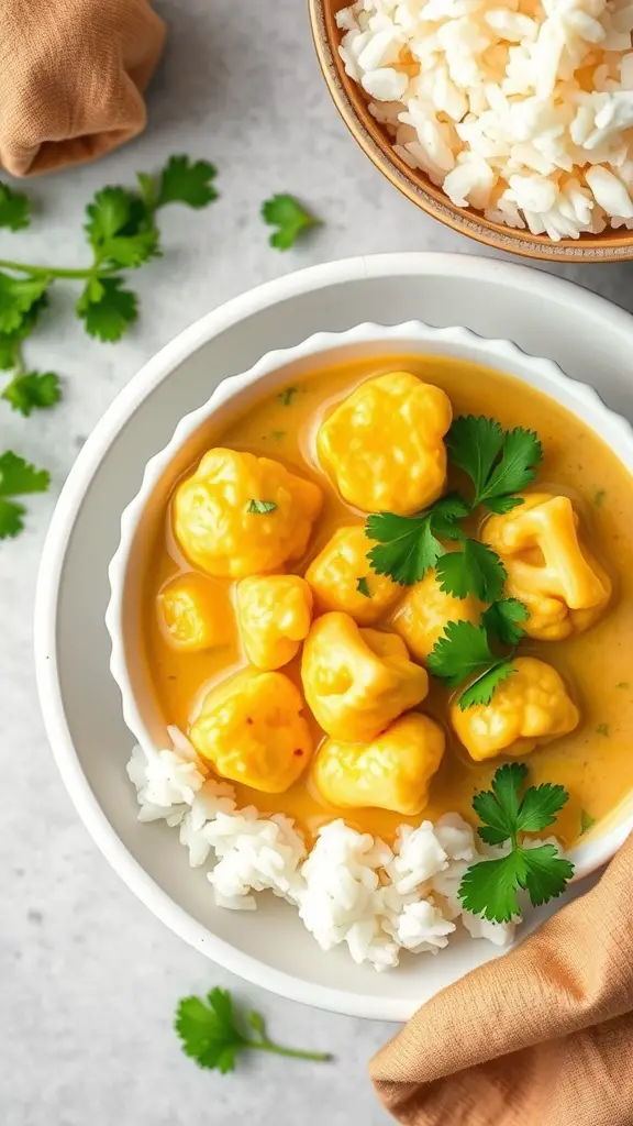A serving of cauliflower curry with coconut milk alongside rice.