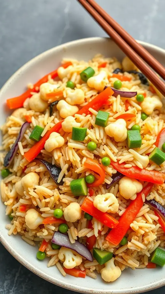 A bowl of colorful cauliflower fried rice with mixed vegetables and chopsticks