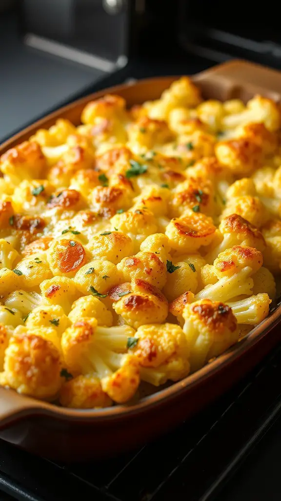 A delicious dish of cauliflower gratin topped with cheese and breadcrumbs.