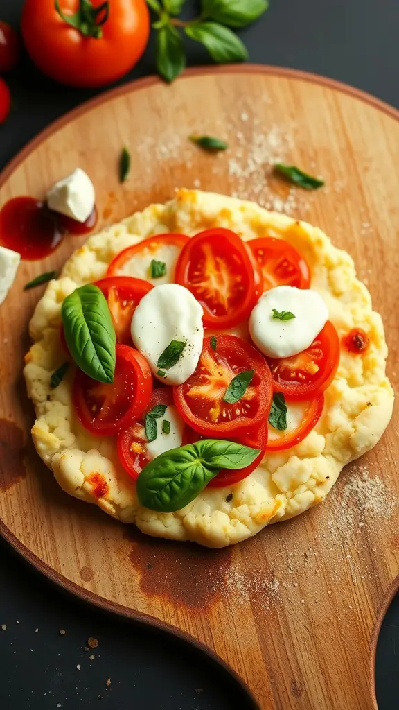 A delicious cauliflower pizza crust topped with fresh tomatoes, mozzarella, and basil.