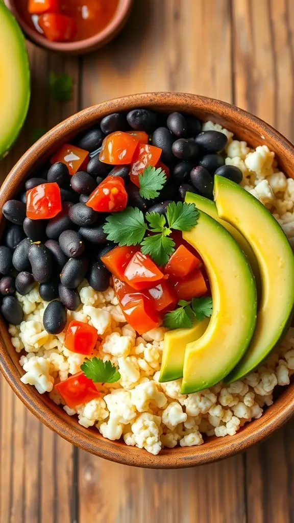A colorful bowl of cauliflower rice burrito bowl with black beans, diced tomatoes, avocado slices, and cilantro.