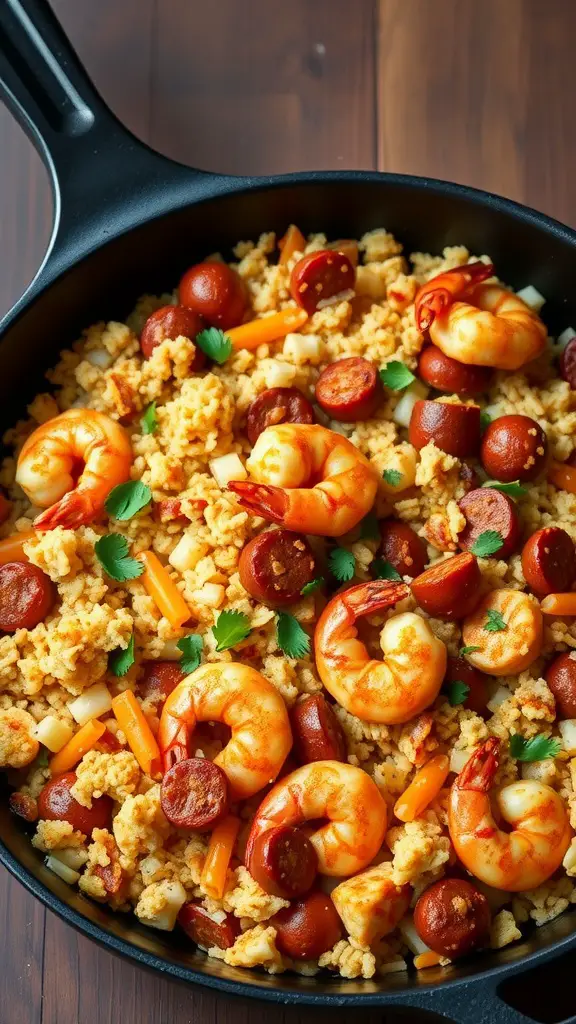 A vibrant bowl of Cauliflower Rice Jambalaya with shrimp, sausage, and colorful vegetables.