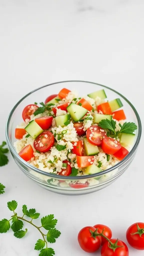 A bowl of vibrant cauliflower rice tabbouleh salad.