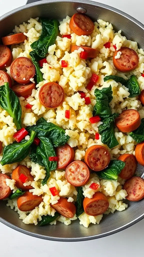 A colorful dish of cauliflower rice with sausage and kale cooked in a skillet.