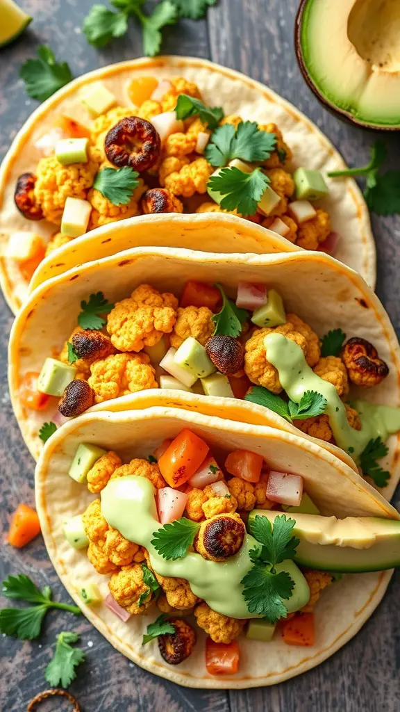 Three cauliflower tacos topped with avocado crema, tomatoes, and cilantro.