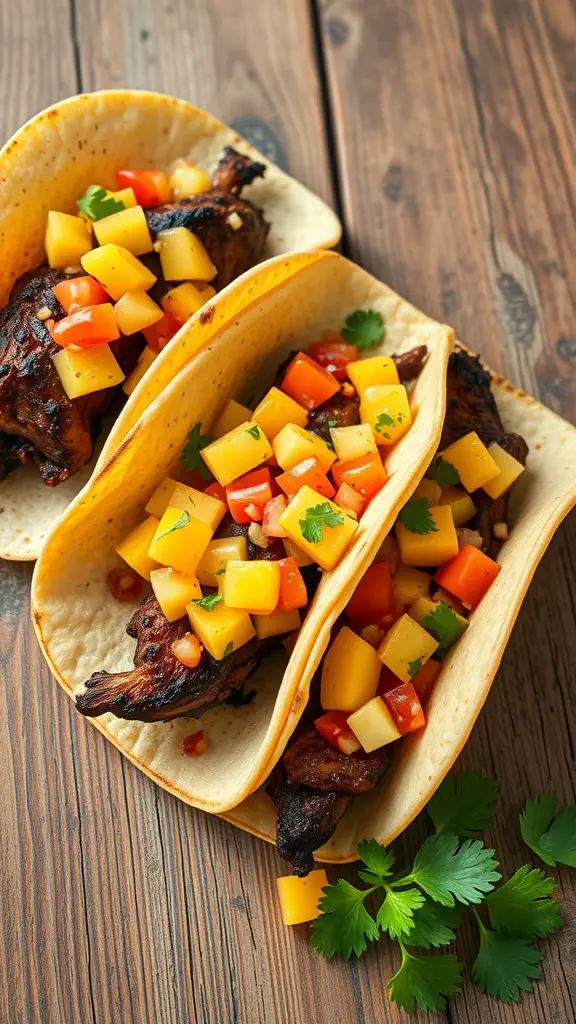 Three charred pork belly tacos filled with pineapple salsa on a wooden table.