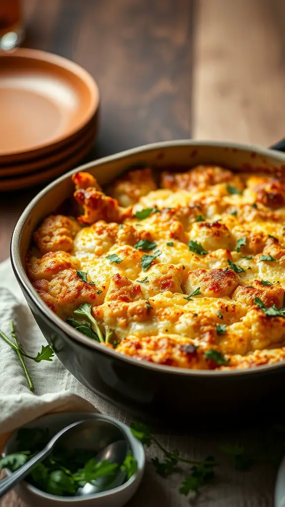 Cheesy Baked Zucchini Casserole in a dish, garnished with fresh herbs.