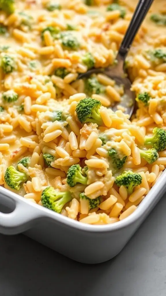 A creamy and cheesy broccoli and rice casserole dish, ready to be served.