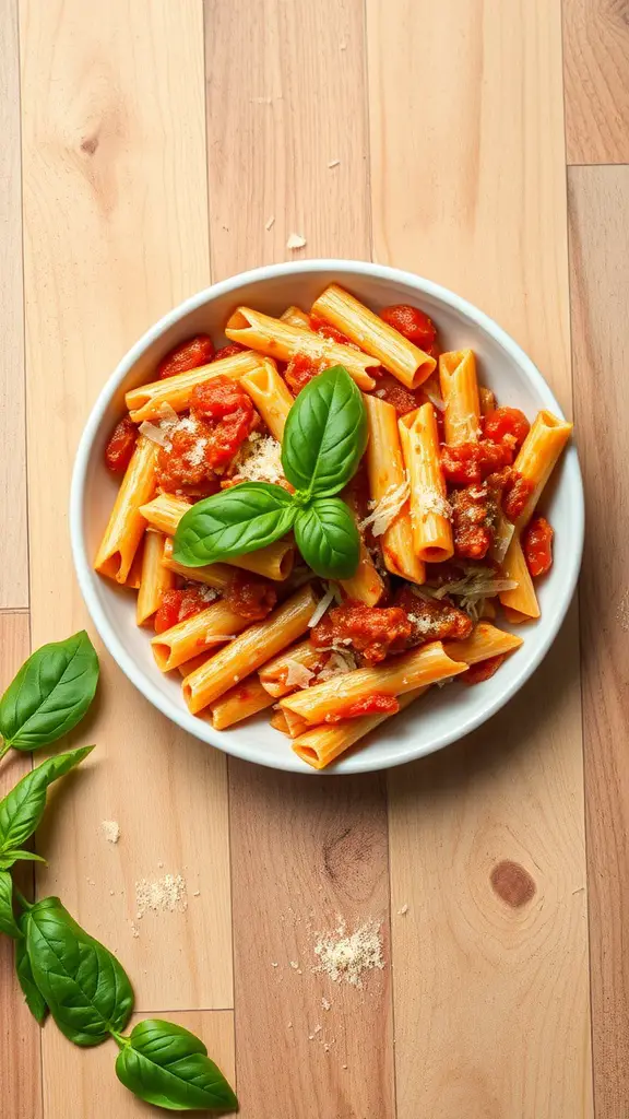 Delicious pasta bake with tomato sauce and fresh basil