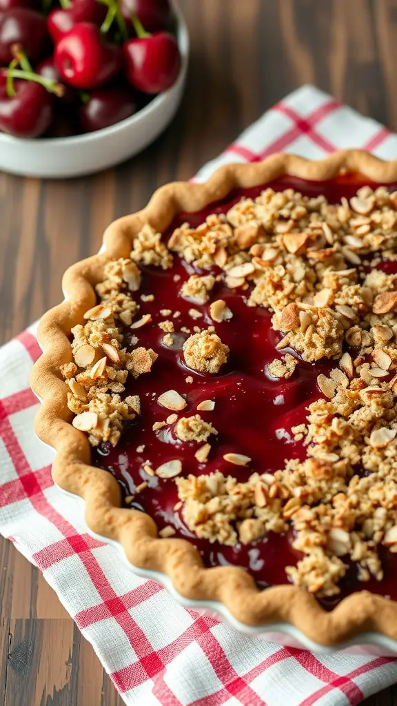 A delicious Cherry Almond Pie topped with streusel and almonds, sitting on a red and white checkered cloth.