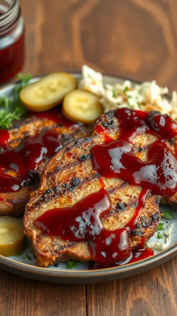Grilled pork chops topped with cherry BBQ sauce, served with pickles and coleslaw.