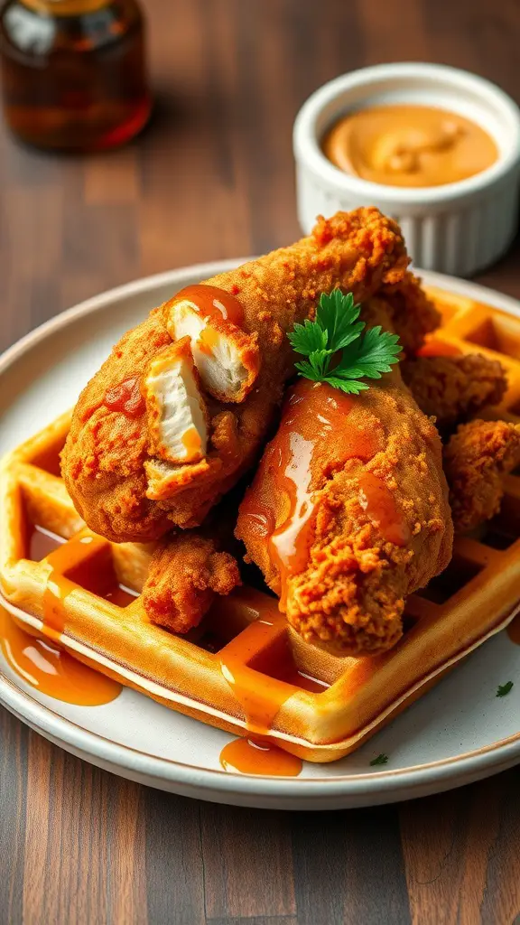 A delicious plate of chicken and waffles drizzled with spicy maple syrup.