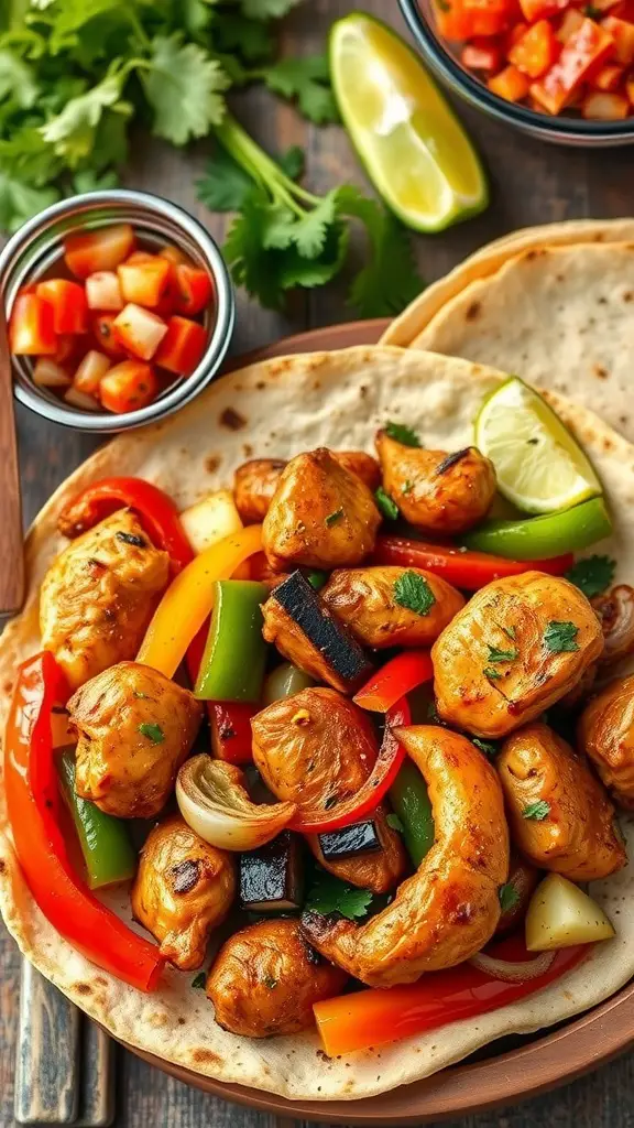 A plate of delicious chicken fajitas served with colorful vegetables.