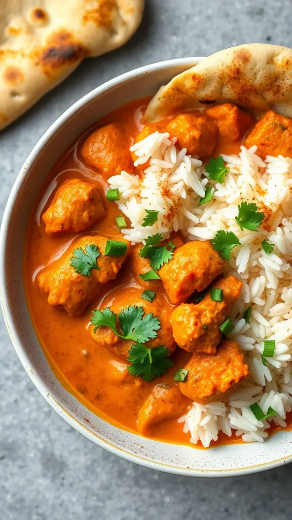 A bowl of Chicken Tikka Masala with rice and naan.