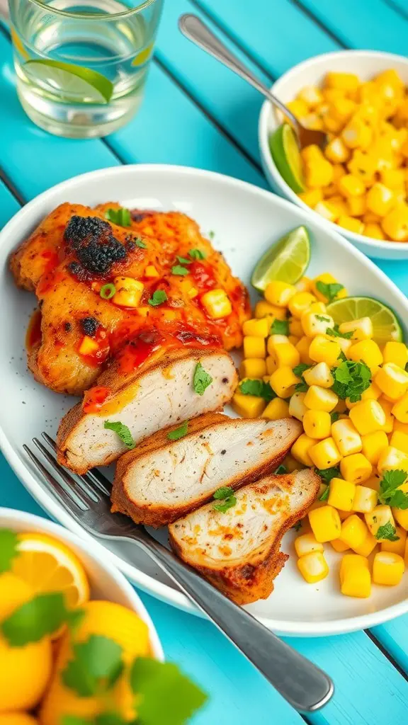 Chili lime pork chops served with corn salad on a blue table.