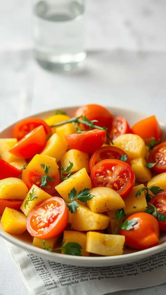 A colorful bowl of chilled summer squash and tomato salad with fresh herbs.