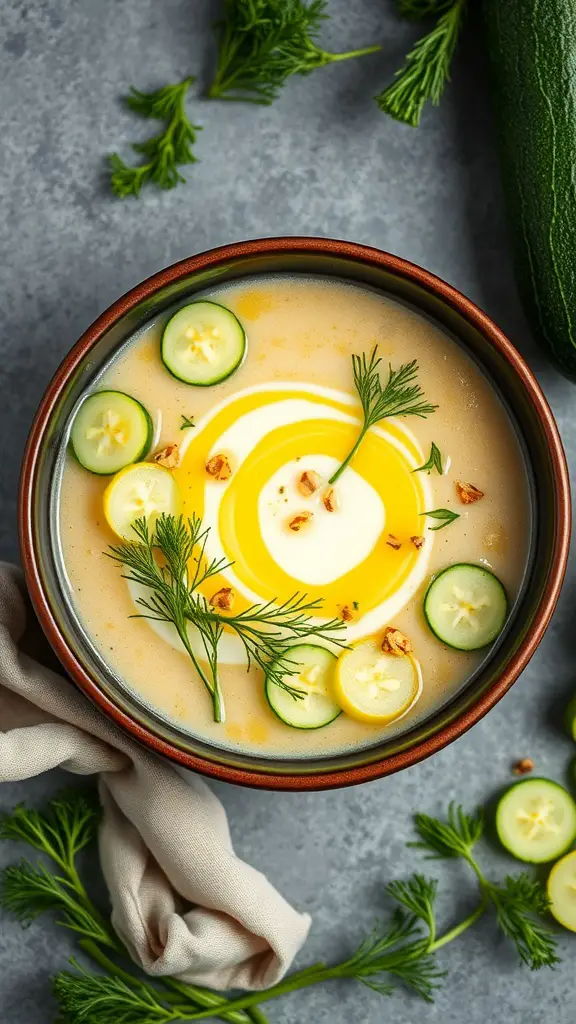 A bowl of chilled zucchini and cucumber soup garnished with cucumber slices and dill.