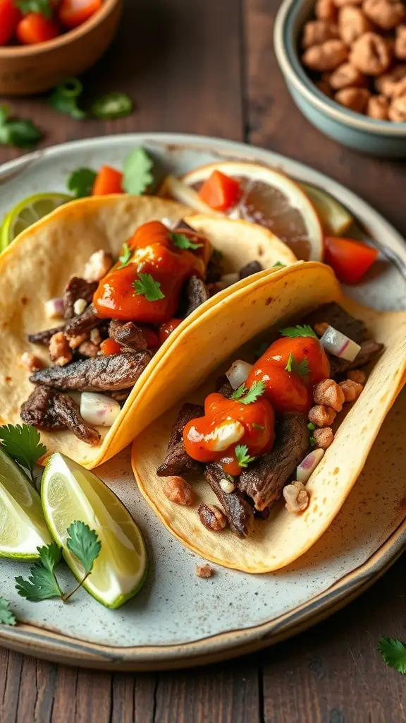 Chimichurri skirt steak tacos served on a plate with toppings and lime wedges.