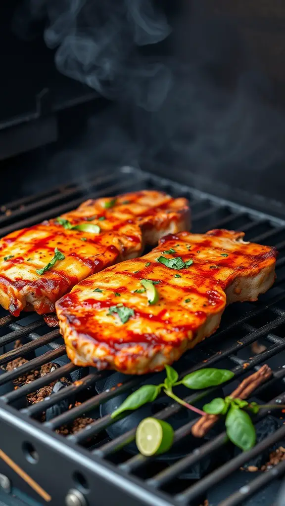 Two grilled pork chops marinated with chipotle lime, garnished with fresh herbs.