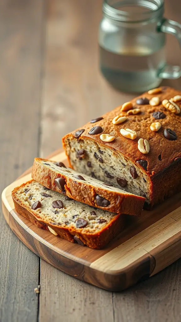A loaf of chocolate chip banana bread with nuts sliced on a wooden board.