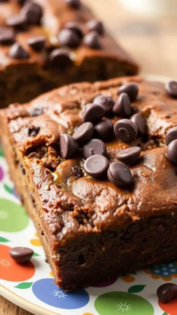 A delicious loaf of chocolate chip zucchini bread, topped with chocolate chips.