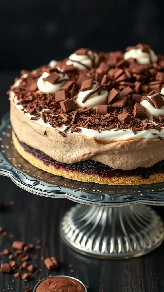 Chocolate cream pie topped with whipped cream and chocolate shavings.