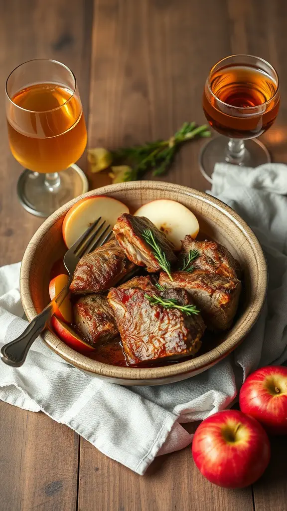 A bowl of cider braised pork belly with a garnish of fresh herbs and apples on the side.