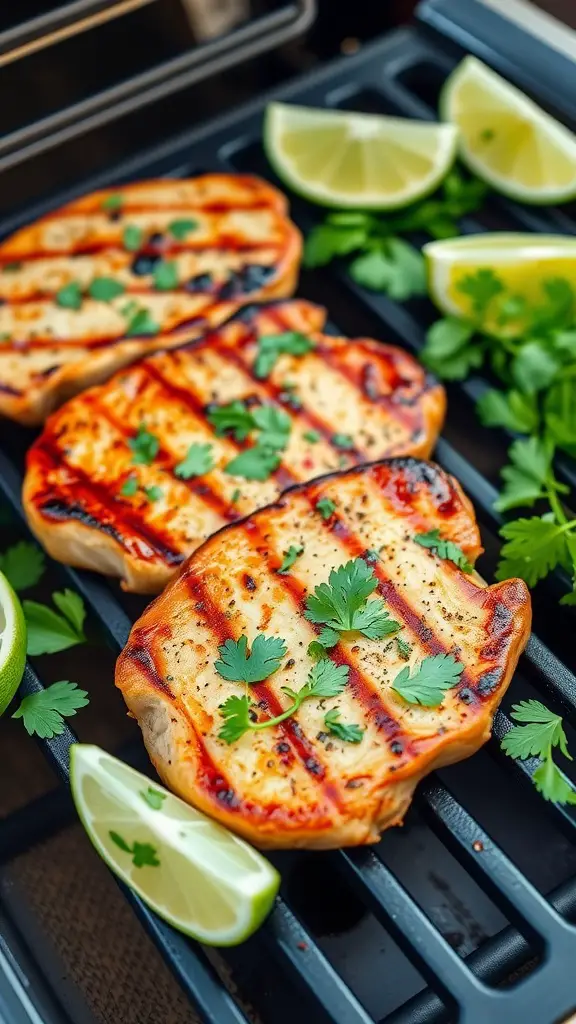 Grilled cilantro-lime pork chops garnished with fresh cilantro and lime wedges.