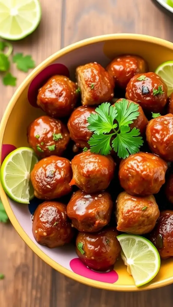 Cilantro Lime BBQ Meatballs in a colorful bowl with lime wedges