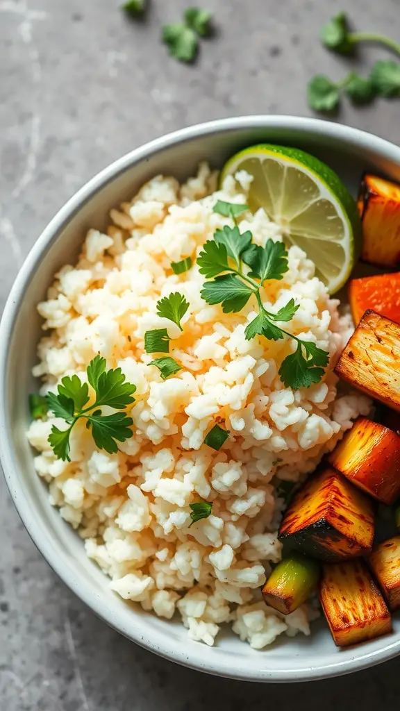 A bowl of cilantro lime grilled cauliflower rice topped with fresh cilantro and lime slices.