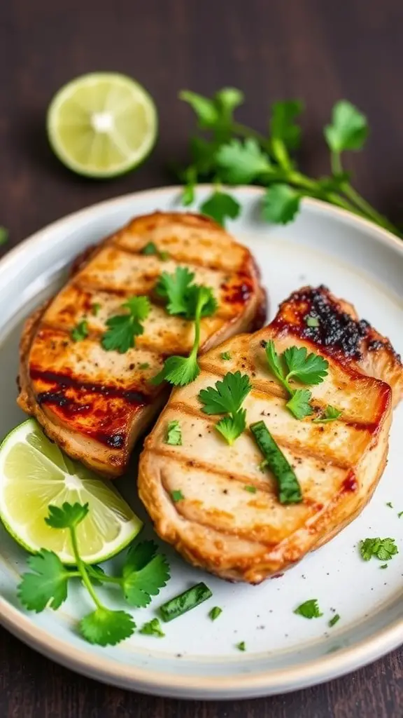 Grilled pork chops garnished with cilantro and lime